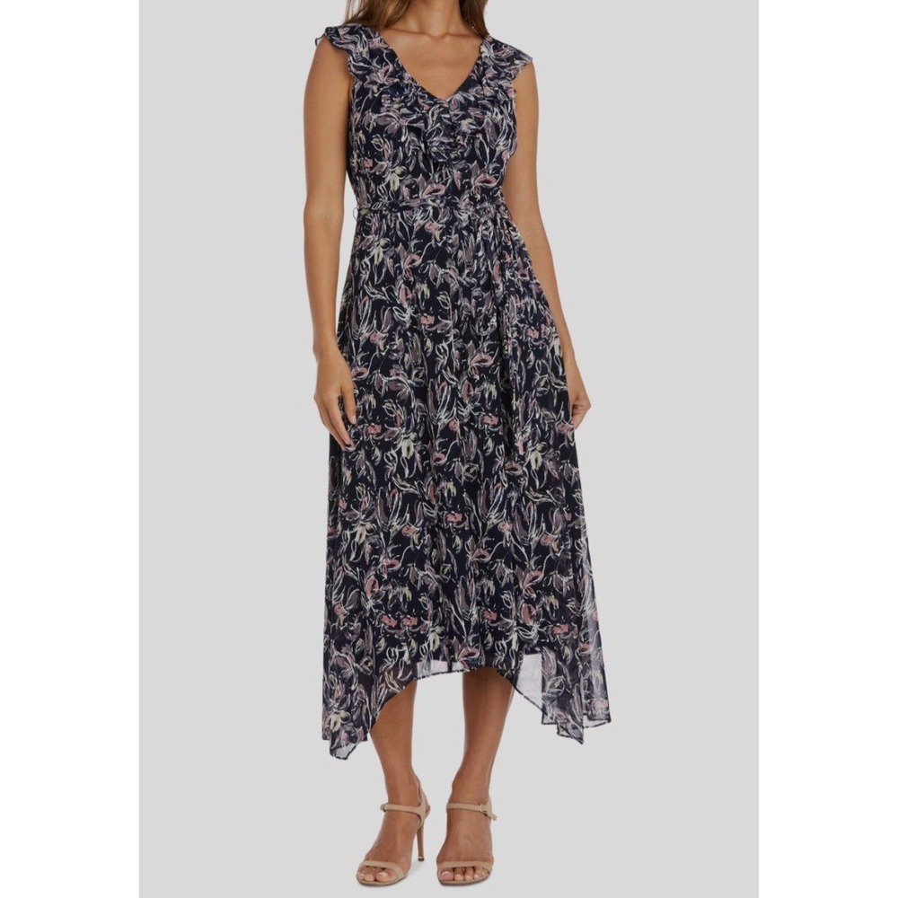 R&M Richards Womens 8 Blue Printed Ruffled Hi-Low V-Neck Shift Dress Made in USA